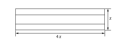 This is a sketch of rectangle. The horizontal width is labeled as 4x and the vertical height is labeled as x. There are also two horizontal lines at approximately 1/3 and 2/3 of the way up from the bottom representing shelves.