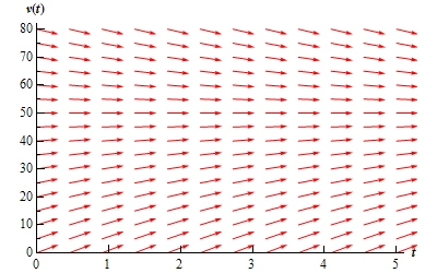 A graph with domain $0 \le t \le 5$ and range $0 \le v(t) \le 80$.  At v(t)=50 there is a horizontal line of arrows all pointing to the right.  Below v(t)=50 there are a series of arrows that all point to the right.  Arrows that are near v(t)=50 all have a shallow and increasing slope.  The farther below v(t) the arrows get the steeper (and still increasing) their slopes are.  Above v(t)=50 there are a series of arrows that all point to the right.  Arrows that are near v(t)=50 all have a shallow and decreasing slope.  The farther below v(t) the arrows get the steeper (and still decreasing) their slopes are.