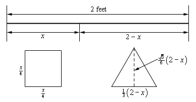 There are three parts to this sketch.  At the top is line representing the piece of wire and its overall length is denoted as 2 feet.  Approximately 1/3 of the way from the left end point there is an indication that this is where the cut is made.  The left portion of this is labeled “x” and the right portion is labeled “2-x”.  Below the left portion is a square indicating this is the portion that becomes the square.  The sides of the square are given as x/4.  Below the right portion is a triangle indicating this is the portion that becomes the triangle.  The base of the triangle is given as 1/3(2-x) and the height is given as $\frac{\sqrt{3}}{2}\left( 2-x \right)$.