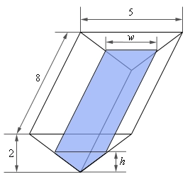 This is a sketch of the tank. In the front there two triangles. The larger represents the tank whose height is shown at 2. The smaller represents the water in the tank and its height is shown as “h”. In the back of the tank there are two similar triangles. The width of the larger (i.e. the tank) is shown as 5 and the width of the smaller (i.e. the water in the tank) is shown as “w”. The depth of the tank is shown as 8.