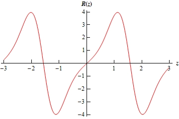 This is the graph of $R\left( z \right)=\sin \left( 2z \right){{\mathbf{e}}^{1-\cos \left( 2z \right)}}$ on the domain -3<x<3. It looks almost like the graph of a sine function. There are a couple of extra “wiggles” in the graph and it isn’t as “rounded” as sine at the peaks/valleys but it is close enough to get an idea of what this graph looks like. The important thing to know is that for each area above the x-axis there is an identical area below the x-axis making it clear why we got the answer that we did.