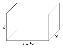 A sketch of a box. The height is labeled as “h”, the width (or depth) is labeled as “w” and the length is labeled as “l = 3w”.