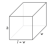 A sketch of a box. The height is labeled as “h”, the width (or depth) is labeled as “w” and the length is labeled as “l = w”.