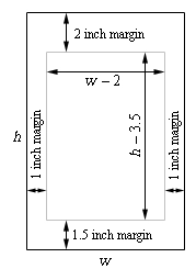 This is a rectangle with another rectangle sketched inside it. The inner rectangle represents the area that will actually be printed. The height of the outer rectangle is labeled “h” and the width of outer rectangle is labeled “w”. The distance between the right/left sides of the outer rectangle and inner rectangle are labeled “1 inch margin”. The distance between the tops of the two rectangles is labeled “2 inch margin”. The distance between the bottoms of the two rectangles is labeled “1.5 inch margin”. The height of the inner rectangle is labeled “h-3.5” and the width of the inner rectangle is labeled “w-2”.