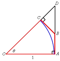 In this sketch the lines OA and OC in the wedge are extended until them meet at a point marked D to form a right triangle AOD and another right triangle BCD.
