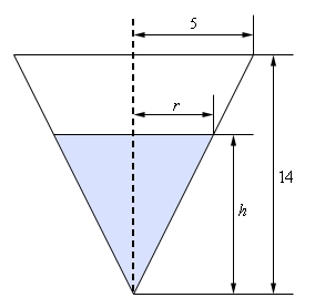 There are two triangles in this figure.  The larger represents the tank as if viewed from the front with the base of the triangle at the top and horizontal to the ground.  The radius of the tank is marked as half the base width of the larger triangle and the height of the larger tank is marked as the height of the triangle.  
              
              The smaller triangle is inside the lower portion of the larger triangle and represents the water in the tank.  The height of this triangle and hence the water is marked as “h” and half the base of the this triangle is marked as “r” which represents the radius of the tank at the top of the water.