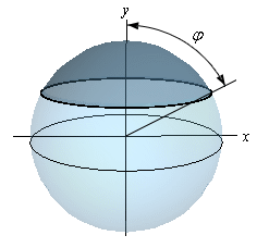 This is an image of the full sphere.  It is “centered” at the origin of a typical xy-axis system.  The y-axis rises out of the top of the sphere and the x-axis moves out of the right side of the sphere.  The “cap” of the sphere is shown in a different color to illustrate it.  There is a line drawn out of the center of the sphere, which is also the origin of the xy-axis system, to where the base of the cap intersects the sphere.  The angle between the positive y-axis and this line is give as $\varphi $.