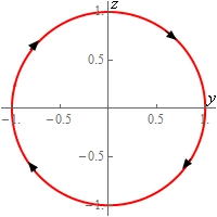 This is a 2D sketch of the circle. In this case think of the x-axis as coming directly out of the page and is not shown. The positive z-axis is pointed upwards from the origin and the positive y-axis is pointed right out of the origin. The circle has a clockwise orientation.